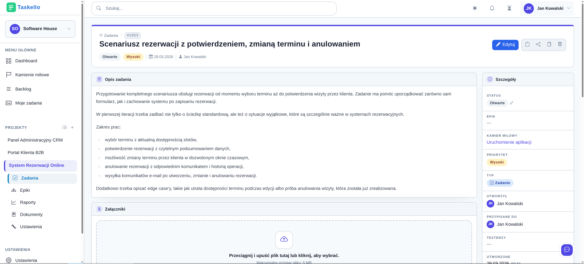 Podgląd zadania w Taskello